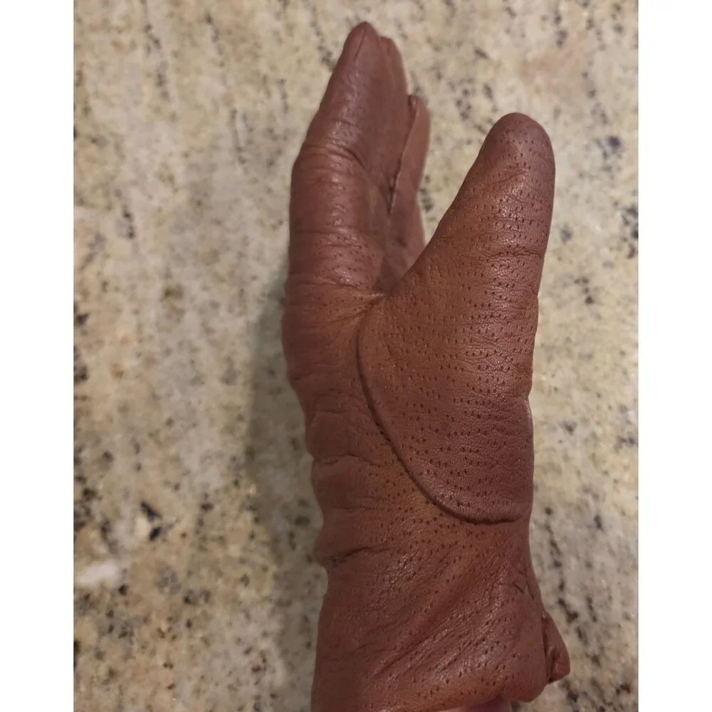 Vintage Womens Size L Brown Leather Knit Lined Gloves Perferated